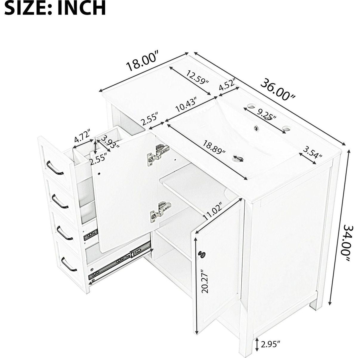 36" Bathroom Vanity with Sink Top, Bathroom Vanity Cabinet with Two Doors and Two Drawers, Solid Wood, Open shelf, MDF Boards, One Package, White