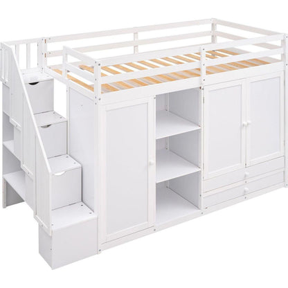 Functional Loft Bed with 3 Shelves, 2 Wardrobes and 2 Drawers, Ladder with Storage, No Box Spring Needed, White