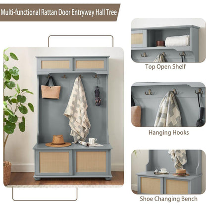 Casual Style Hall Tree Entryway Bench with Rattan Door Shelves and Shoe Cabinets, SOLID WOOD Feet, Gray, 40.16"Wx18.58"Dx64.17"H