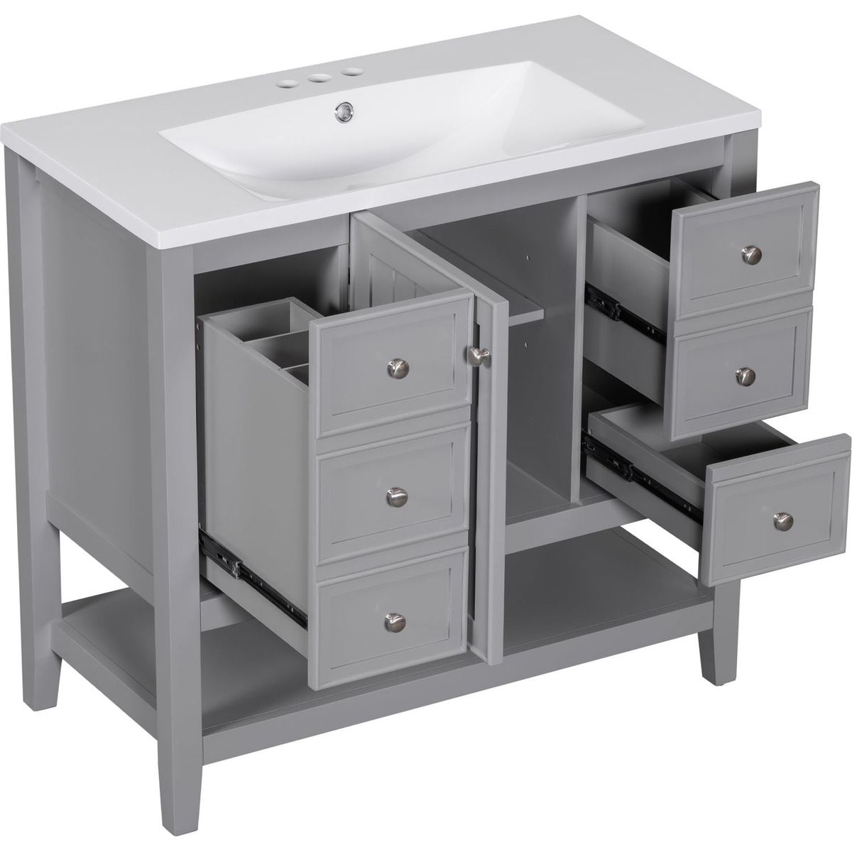 36" Bathroom Vanity with Sink Combo, One Cabinet and Three Drawers, Solid Wood and MDF Board, Grey