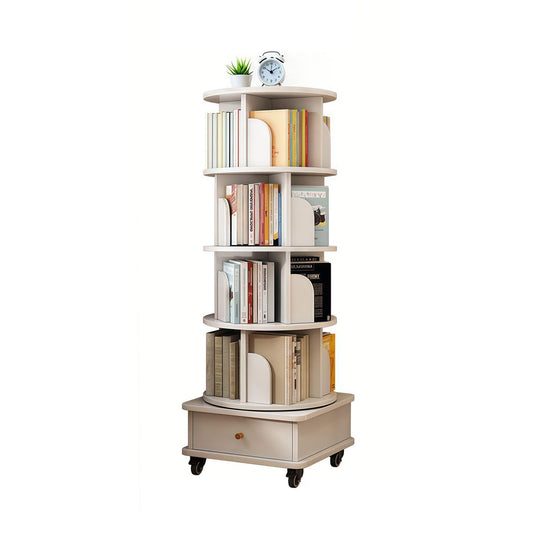 5 Tier Rotating Bookshelf with Wheels and Drawer, 360° Spinning Design, Space Saving Storage, for Home and Office, White MDF