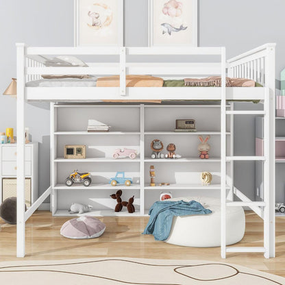 Full Size Loft Bed with 8 Open Storage Shelves and Built-in Ladder, White