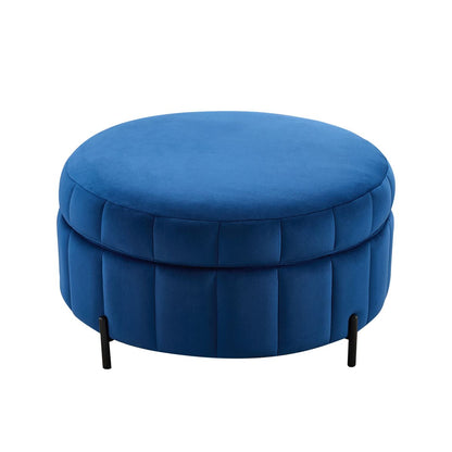 31.5'W Upholstered Round Ottoman With Reversible Lid, Velvet Storage Stool, Channel Tufted Pumpkin-shape Footstool for Living room, Bedroom and Office, Navy