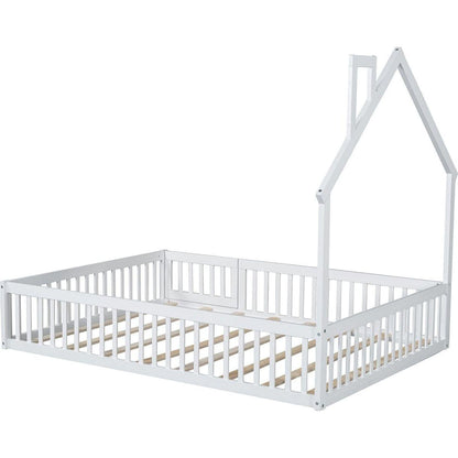 Wood Full Size House Platform Bed with Guardrail, White