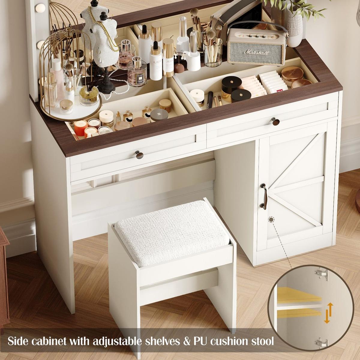 43.4"Makeup Vanity Table, Makeup Table with Large Mirror and 11 LED Light, Brightness Adjustable, Dressing Table Desk with 3 Drawers, Vanity Desk for Women(White with Stool)