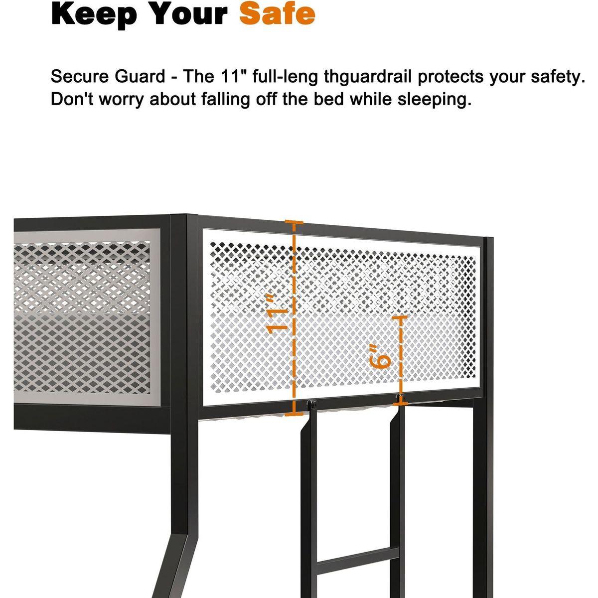 Adam Twin Full Bunk Black with White Mesh Guard Rail for Kids and Adult, Low Profile and Easy Climbing with Stable Ladder