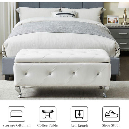 Upholstered Storage Ottoman Bench For Bedroom End Of Bed Faux Leather Rectangular Storage Benches Footrest With Crystal Buttons For Living Room Entryway (White)