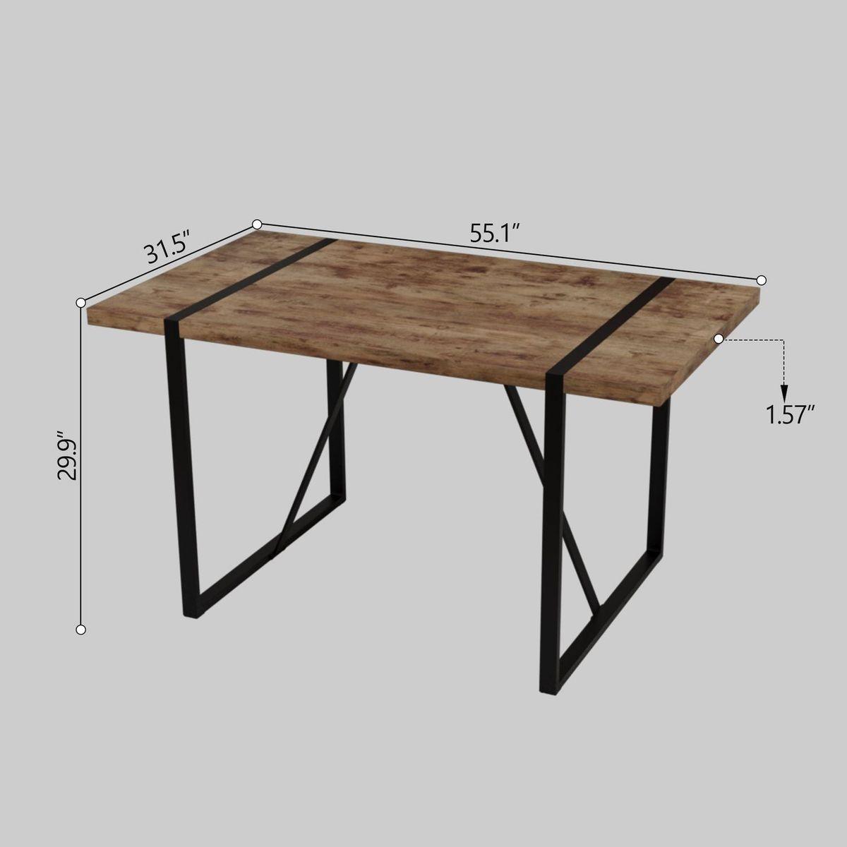 55 "rural industrial rectangular MDF dark wood dining table, 4-6 people, 1.5" thick engineering wood tabletop and black rectangular metal legs, used for writing desk, kitchen, terrace, dining room