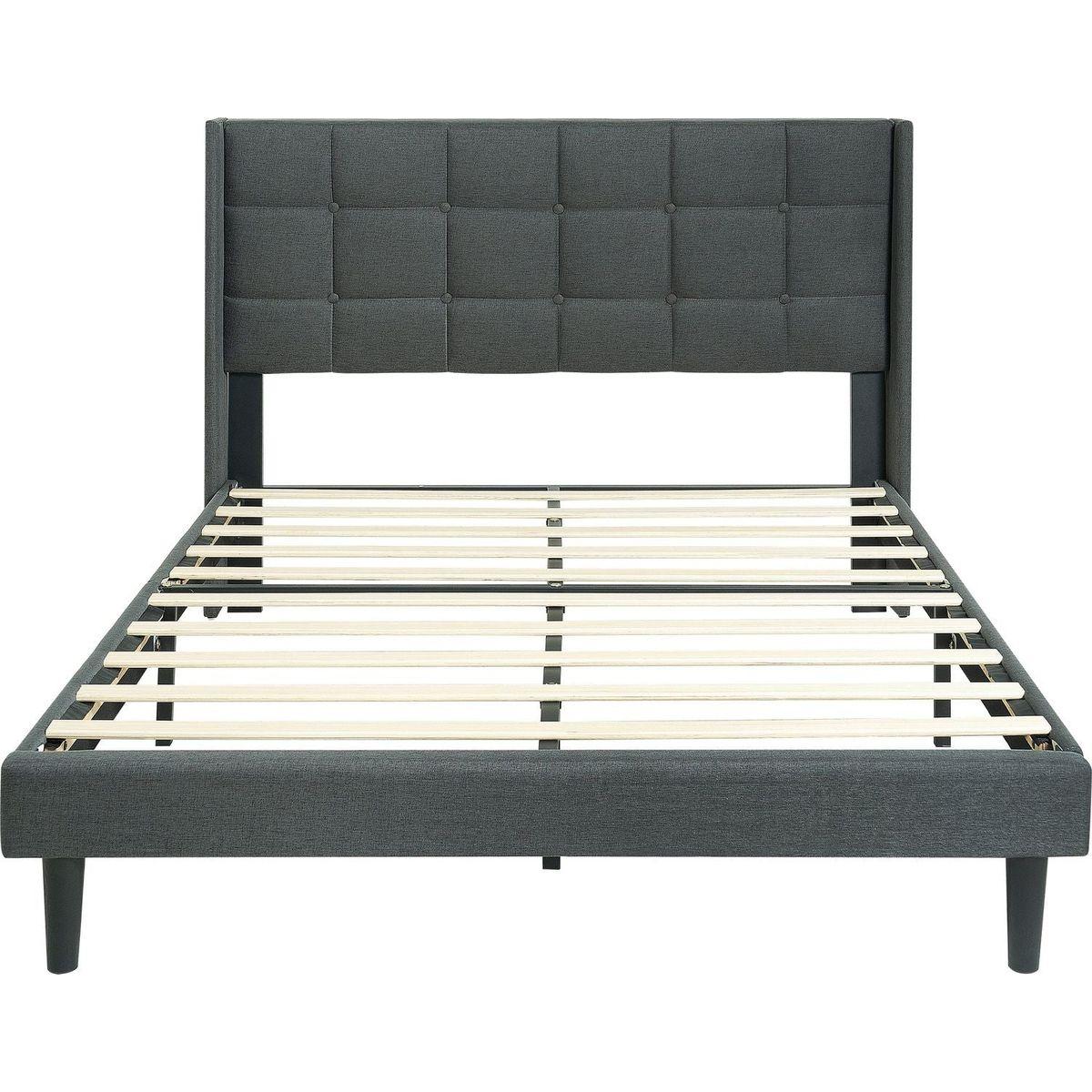 Queen Size Upholstered Platform Bed Frame with Modern Button Tufted Linen Fabric Headboard, No Box Spring Needed, Wood Slat Support, Easy Assembly, Drak Grey