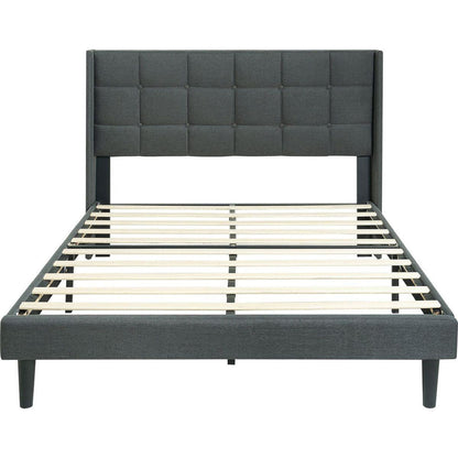 Queen Size Upholstered Platform Bed Frame with Modern Button Tufted Linen Fabric Headboard, No Box Spring Needed, Wood Slat Support, Easy Assembly, Drak Grey
