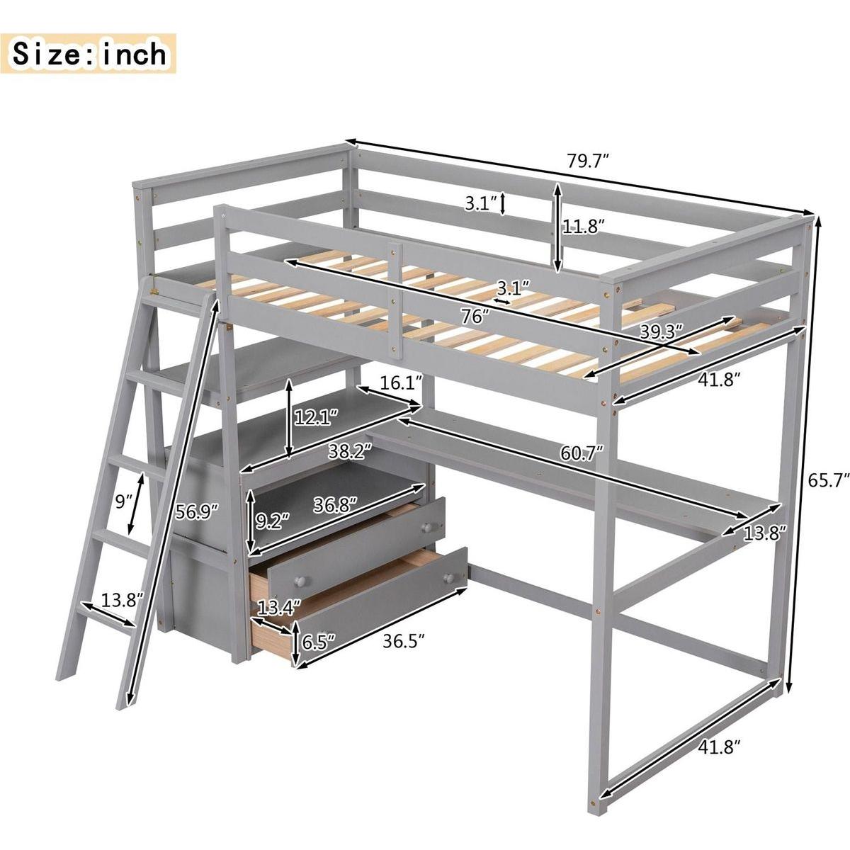 Twin Size Loft Bed with Desk and Shelves, Two Built-in Drawers, Gray
