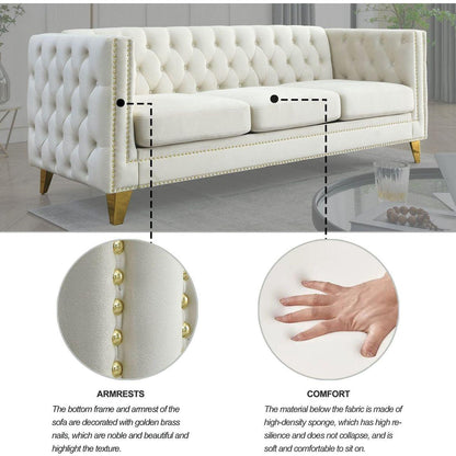 Velvet Sofa for Living Room,Buttons Tufted Square Arm Couch, Modern Couch Upholstered Button and Metal Legs, Sofa Couch for Bedroom, Beige Velvet, 2PCS