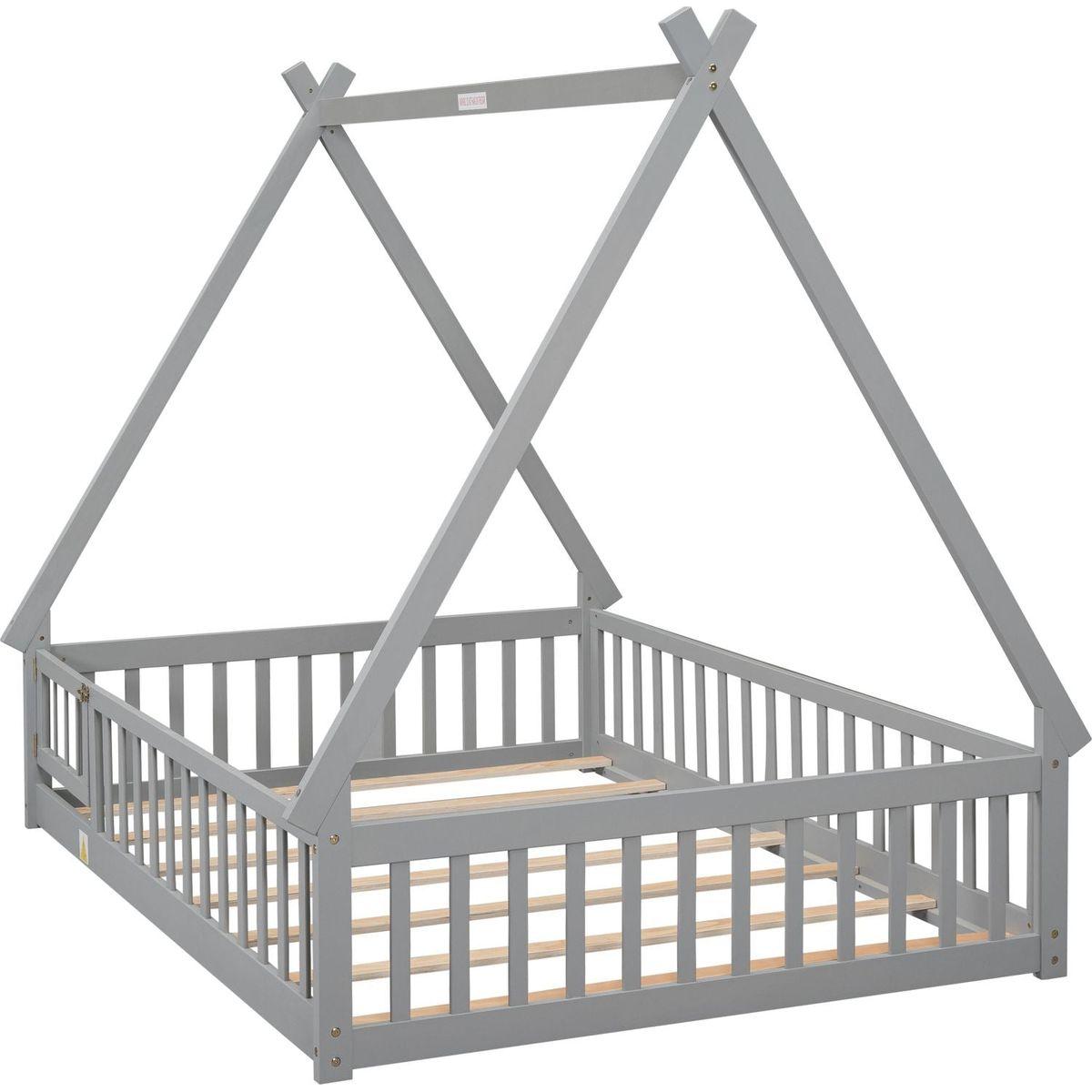 Full Tent-shaped Floor Bed, with Guardrails, Slats, Door, Grey