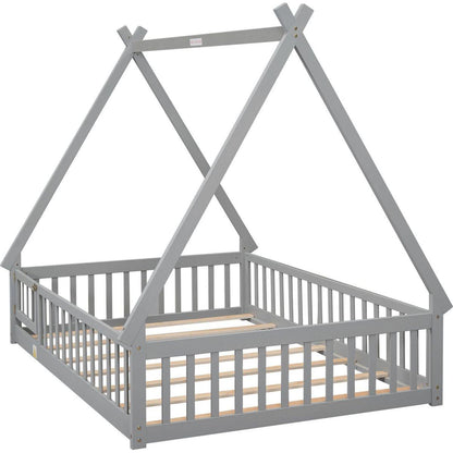 Full Tent-shaped Floor Bed, with Guardrails, Slats, Door, Grey