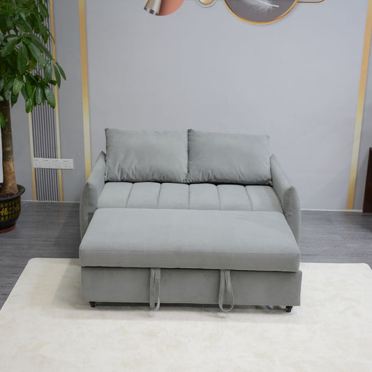 Convertible Sleeper Sofa Bed, Loveseat Sofa Bed with Pull-Out Bed, Adjsutable Back, Velvet Fabric Sofa with 2 Side Pockets, 2 Pillows, for Living Room, Apartment, Light Gray