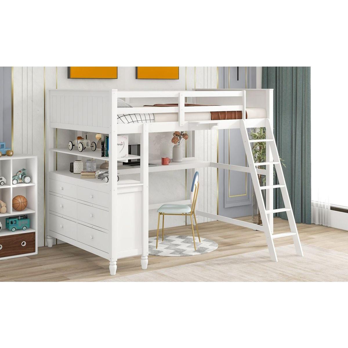 Full size Loft Bed with Drawers and Desk, Wooden Loft Bed with Shelves - White