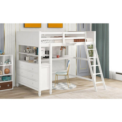 Full size Loft Bed with Drawers and Desk, Wooden Loft Bed with Shelves - White