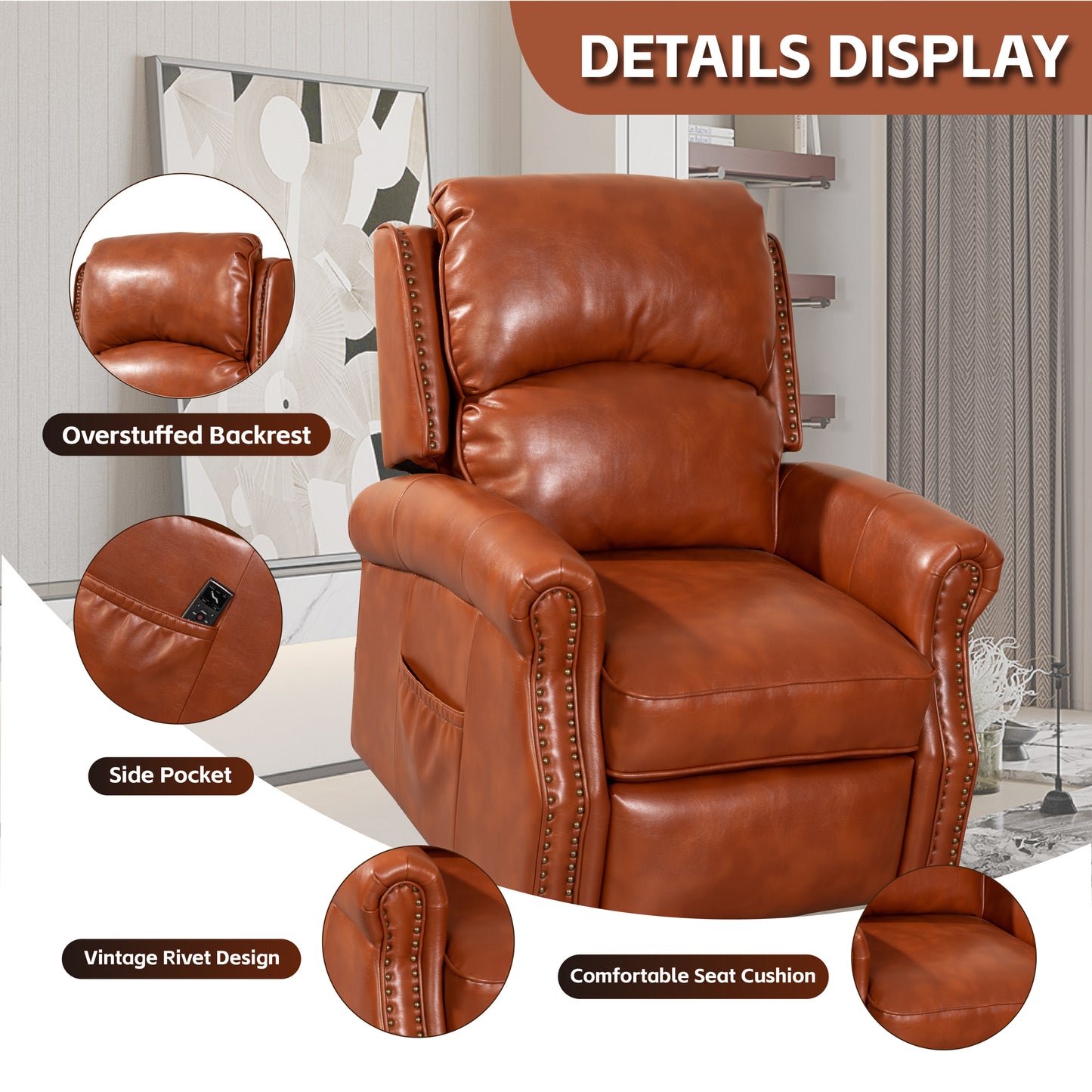 Lehboson Lift Chair Recliners, Electric Power Recliner Chair Sofa for Elderly, massage and heating(Caramel)