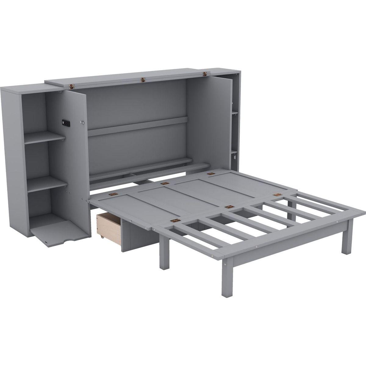 Full Size Murphy Bed with Shelves, Drawers and USB Ports,Gray