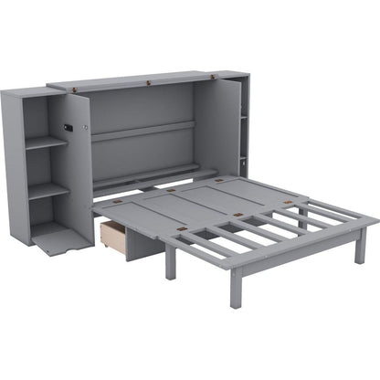 Full Size Murphy Bed with Shelves, Drawers and USB Ports,Gray