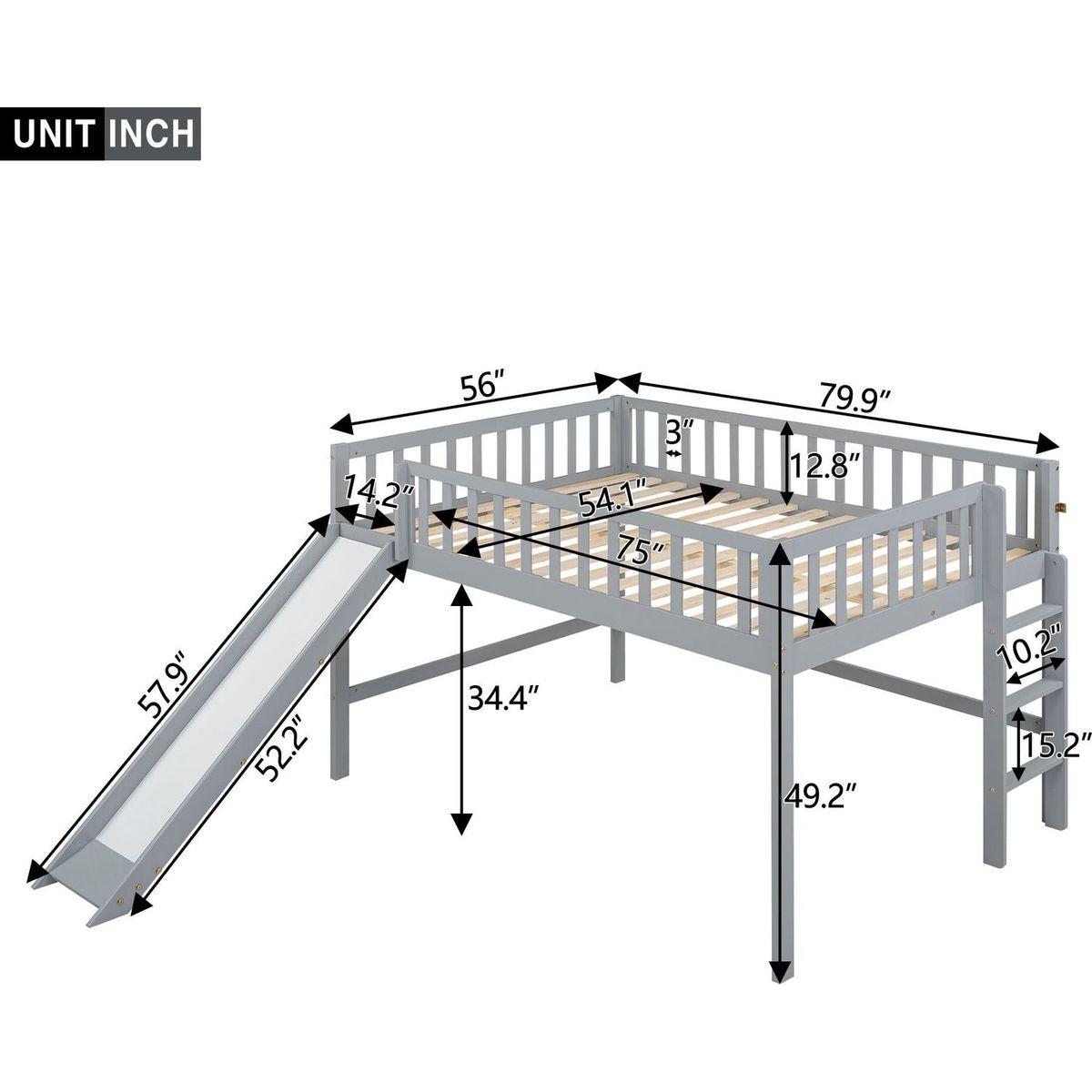 Full Size Low Loft Bed with Ladder and Slide,Gray