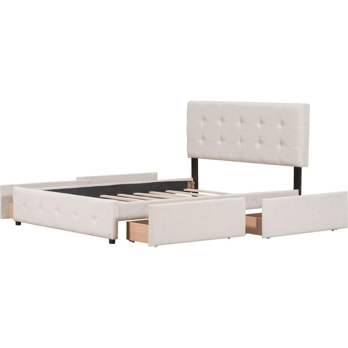 Upholstered Platform Bed with Classic Headboard and 4 Drawers, No Box Spring Needed, Linen Fabric, Queen Size Beige