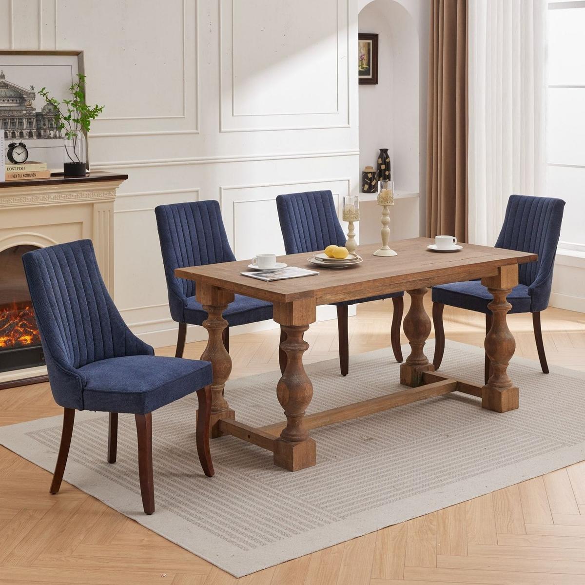 Rayon Cloth Flocking Linen Dining Chairs Channel Kitchen Dinner Chair Comfy Fabric Upholstered Accent Chair for Dining Room with Curved Solid Wood Legs,Set of 2 (Blue) - Streamdale Furniture