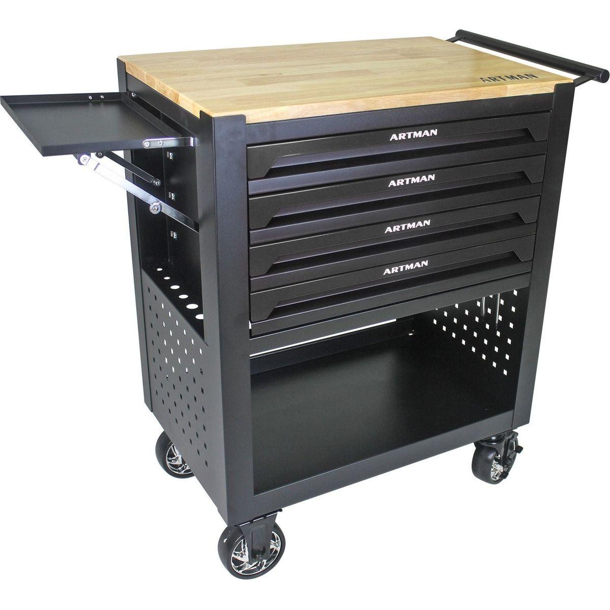4 DRAWERS MULTIFUNCTIONAL TOOL CART WITH WHEELS AND WOODEN TOP-BLACK