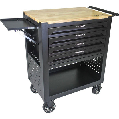 4 DRAWERS MULTIFUNCTIONAL TOOL CART WITH WHEELS AND WOODEN TOP-BLACK