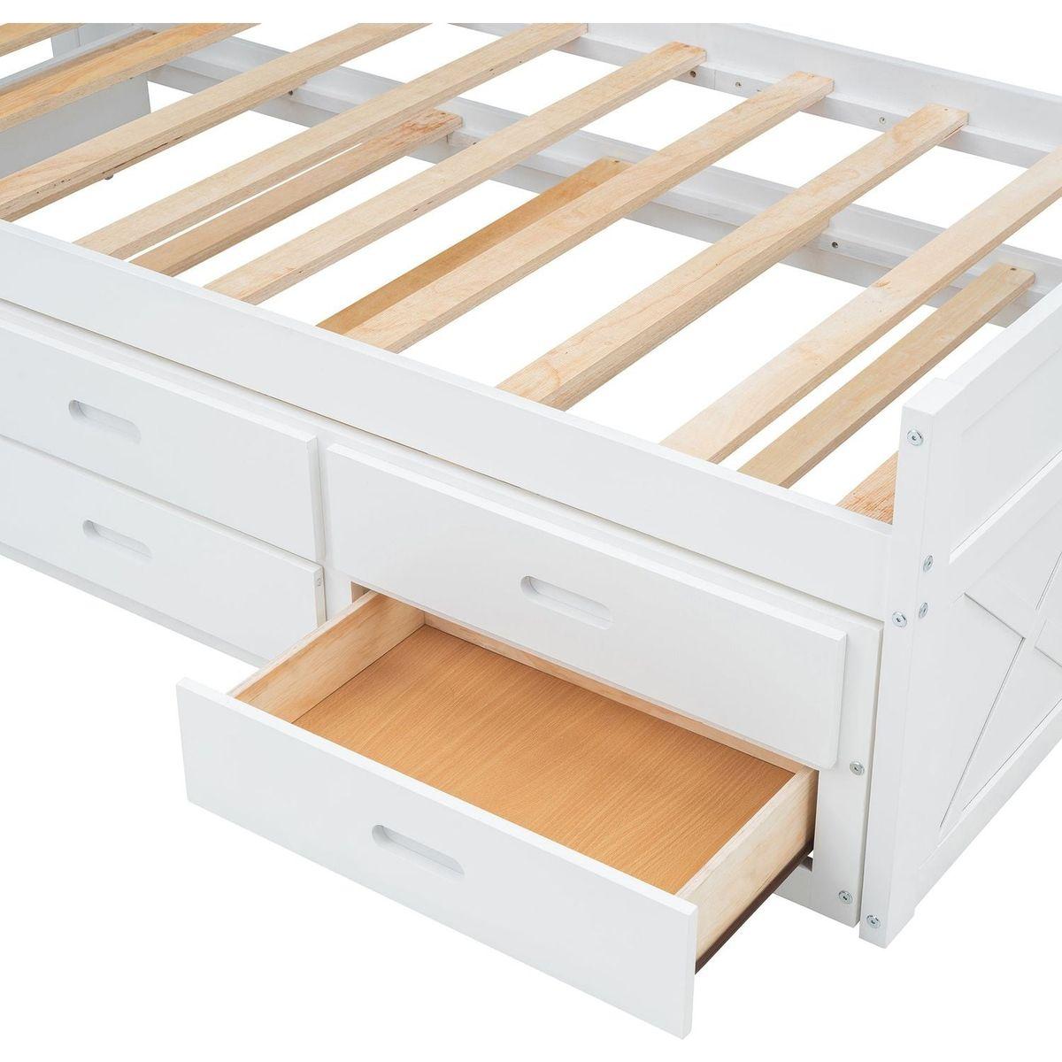Twin Size Wooden Bed with Storage Headboard with Outlets, Extendable Bed with Twin Size Trundle with Three Storage Drawers,White