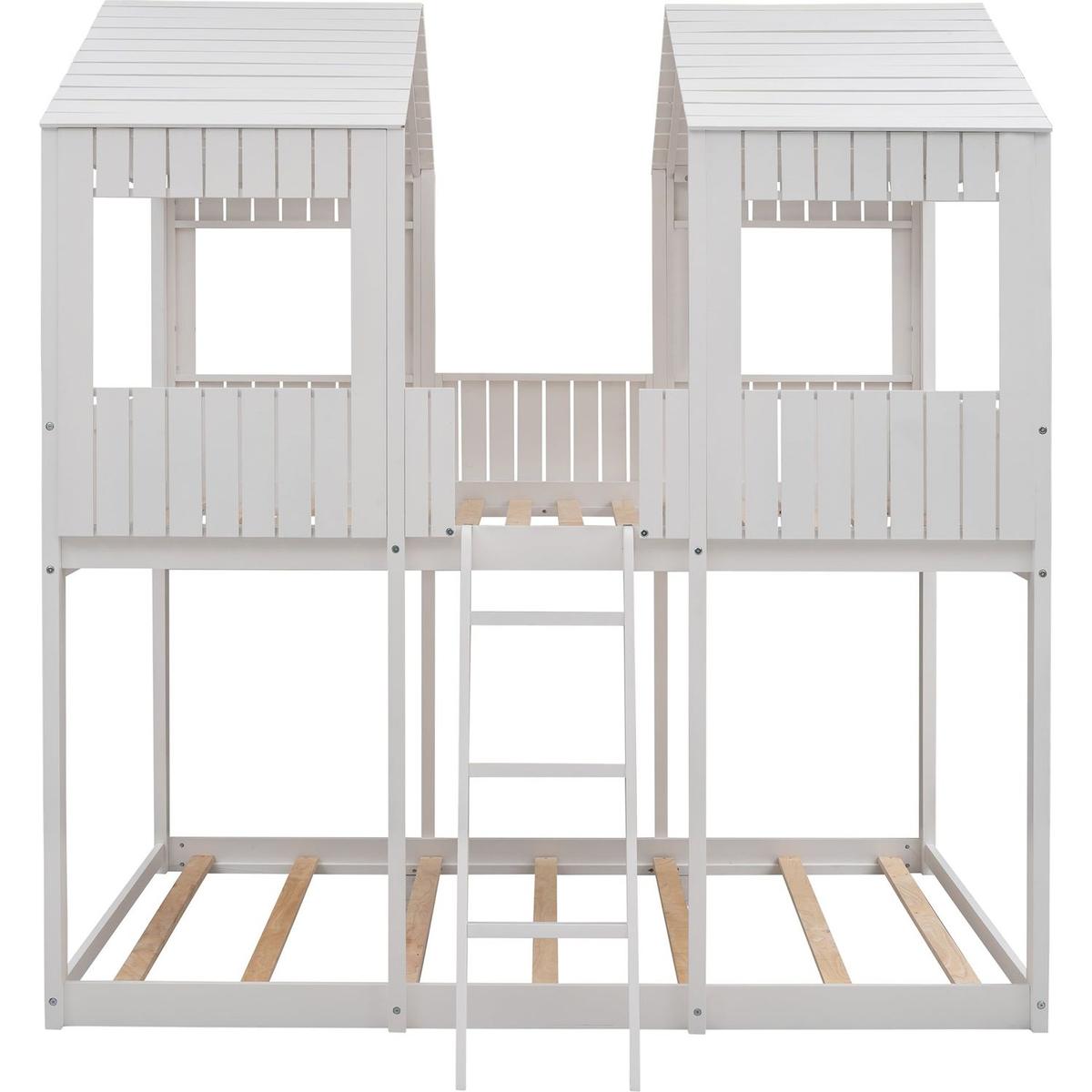 Full Over Full WoodBunk Bed with Roof, Window, Guardrail, Ladder(White)