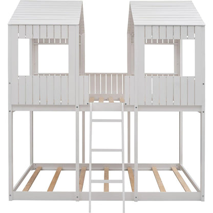 Full Over Full WoodBunk Bed with Roof, Window, Guardrail, Ladder(White)