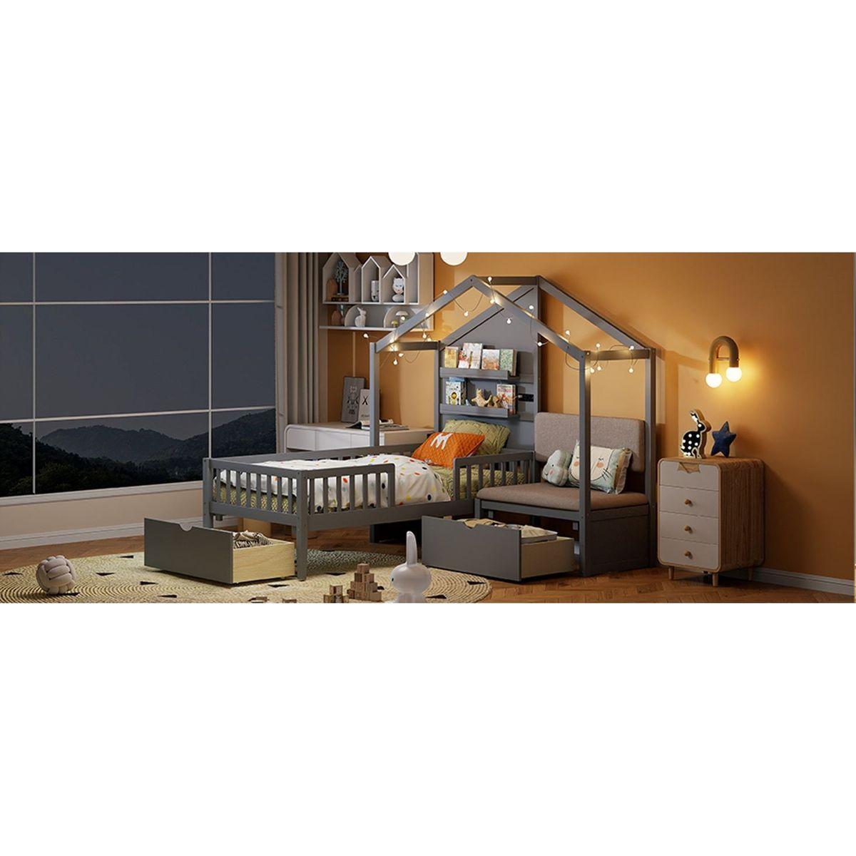 Twin Size House Bed with Upholstered Sofa, House Bed with Charging Station, Wireless Charging, Shelves and Two Drawers, Gray