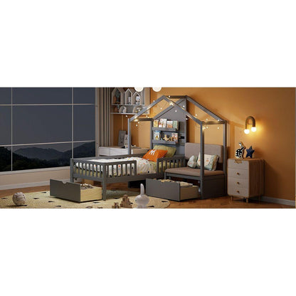 Twin Size House Bed with Upholstered Sofa, House Bed with Charging Station, Wireless Charging, Shelves and Two Drawers, Gray