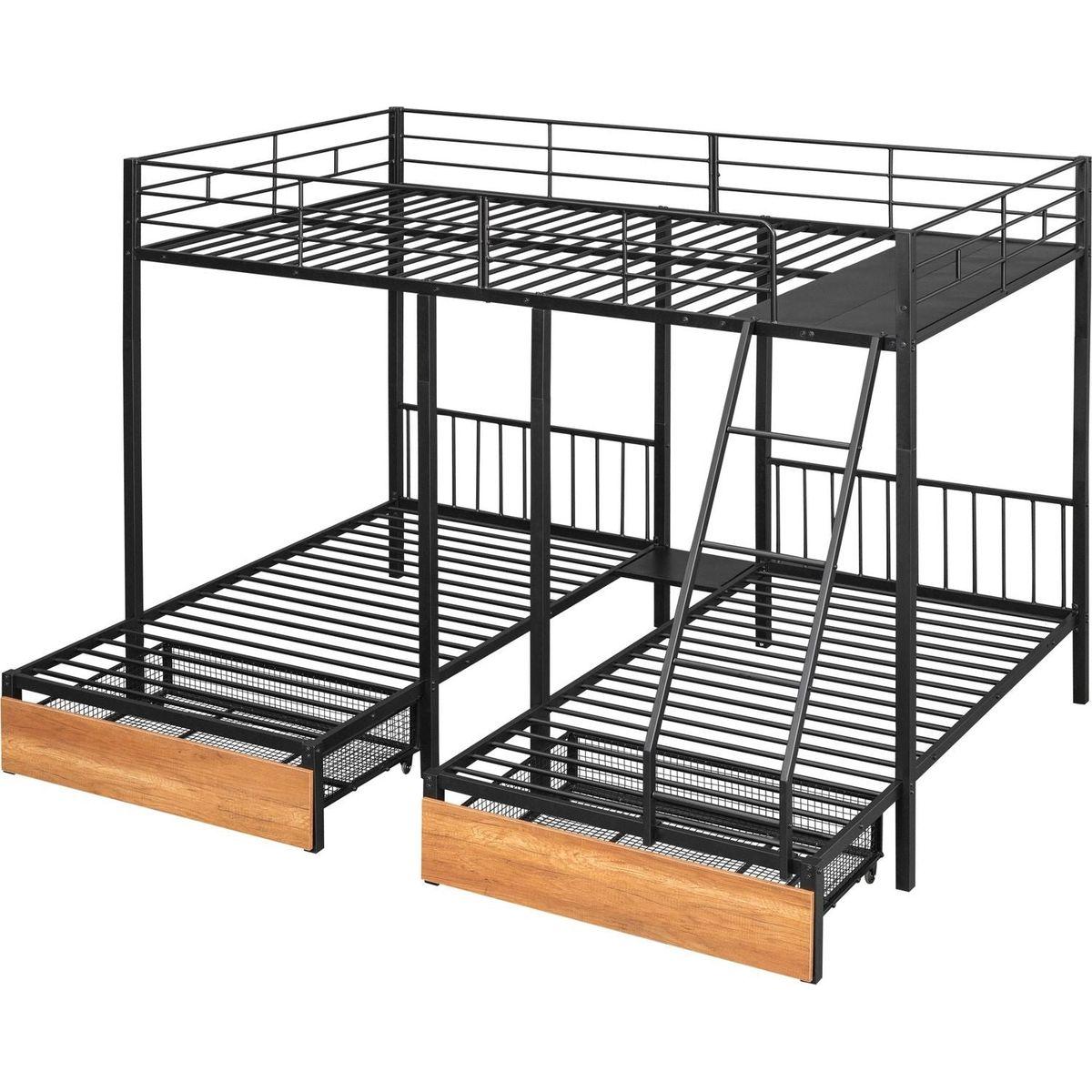 Full Over Twin & Twin Bunk Bed, Metal Triple Bunk Bed with Drawers and Guardrails, Black