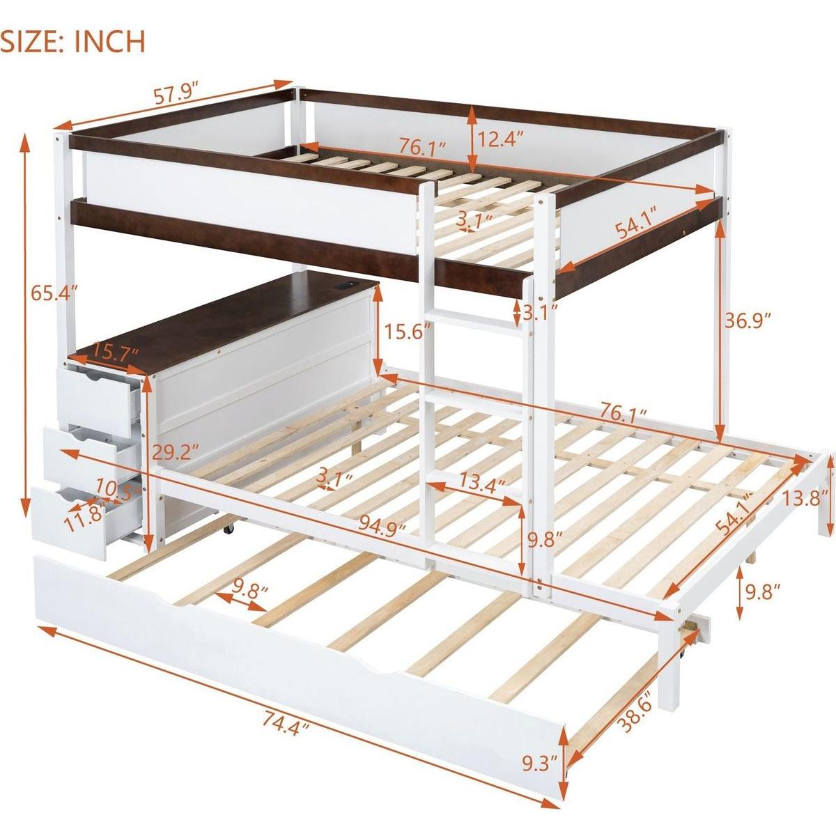 Full-Over-Full Bunk Bed with Twin size Trundle, Storage and Desk, White+Walnut