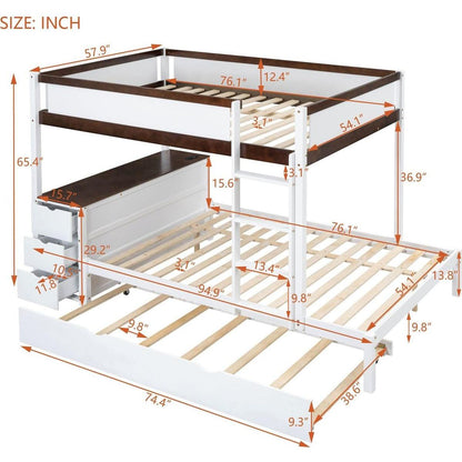 Full-Over-Full Bunk Bed with Twin size Trundle, Storage and Desk, White+Walnut