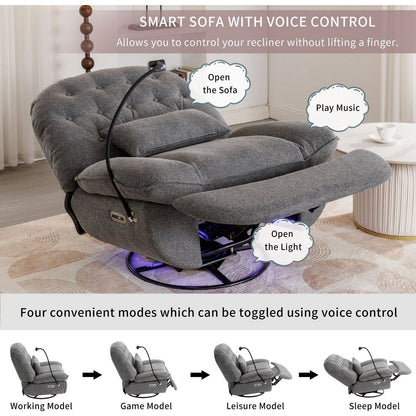 270 Degree Swivel Power Recliner with Voice Control, Bluetooth Music Player,USB Ports, Atmosphere Lamp, Hidden Arm Storage and Mobile Phone Holder for Living Room, Bedroom, Apartment, Grey