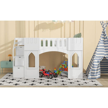 Twin Size Loft Bed with Storage Staircase and Window, White