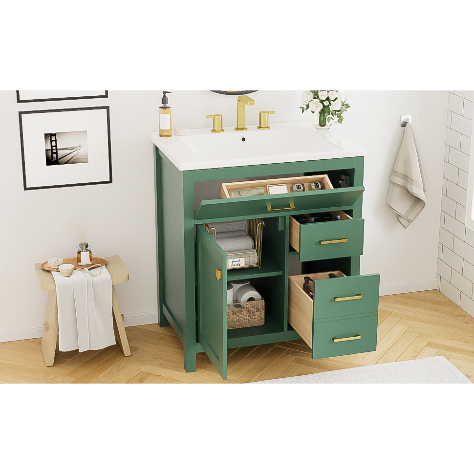 30-Inch Green Bathroom Vanity with Ceramic Sink and Ample Storage - Ideal Choice for Small Bathrooms