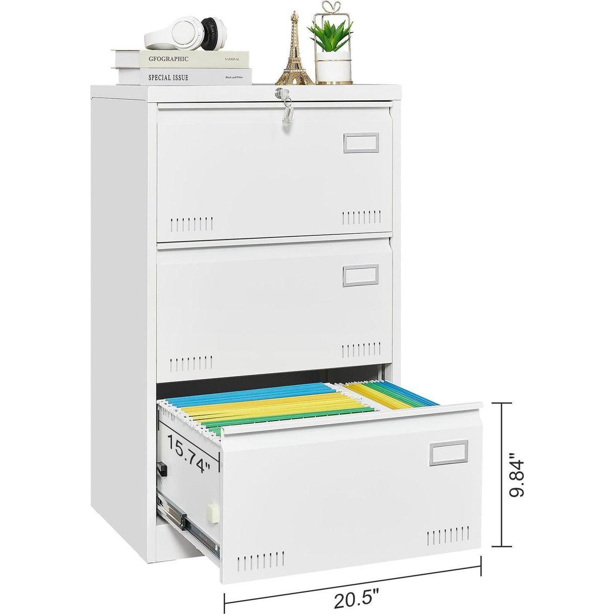 Filing Cabinet Lateral File Cabinet 3 Drawer, White Filing Cabinets with Lock, Locking Metal File Cabinets Three Drawer Office Cabinet for Legal/Letter/A4/F4 Home Offic