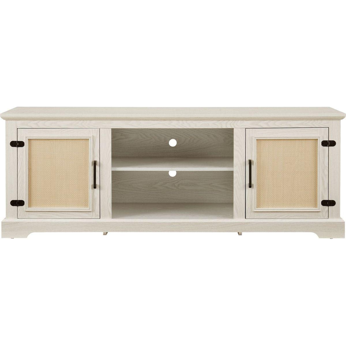 Farmhouse Rattan TV Stand Console Table for TVs up to 70 Inches, TV Console Table with 2 Storage Shelves, 2 Natural Rattan Door Cabinets,65"Wx15.55"Dx23.86"H, White