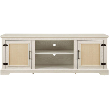 Farmhouse Rattan TV Stand Console Table for TVs up to 70 Inches, TV Console Table with 2 Storage Shelves, 2 Natural Rattan Door Cabinets,65"Wx15.55"Dx23.86"H, White
