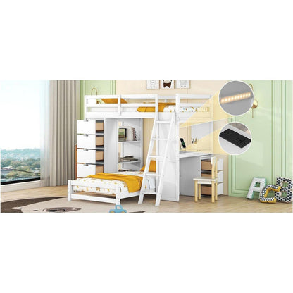 Twin over Twin Bunk Bed with LED Light and USB Ports, White