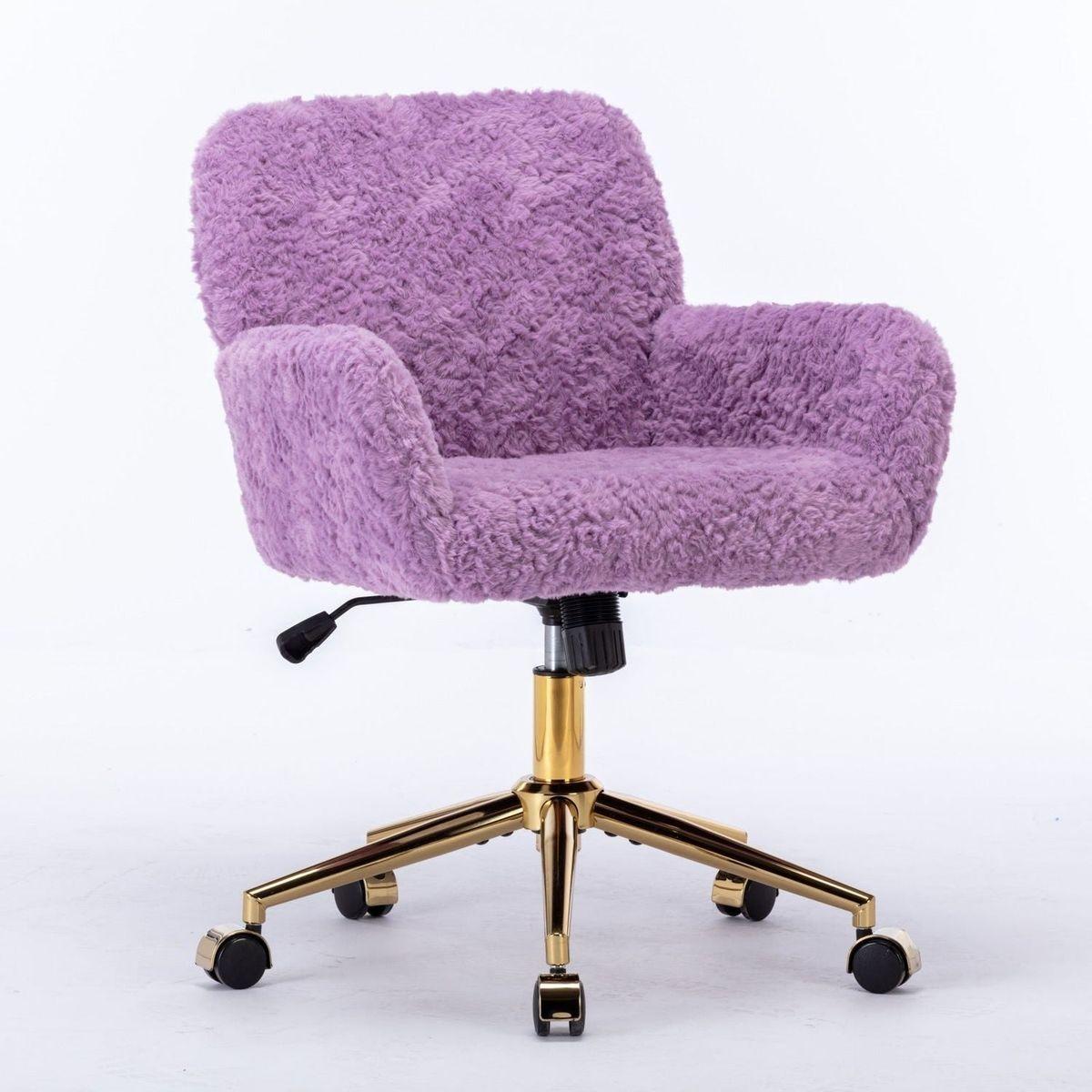 Office Chair,Artificial rabbit hair Home Office Chair with Golden Metal Base,Adjustable Desk Chair Swivel Office Chair,Vanity Chair(Violet) - Streamdale Furniture