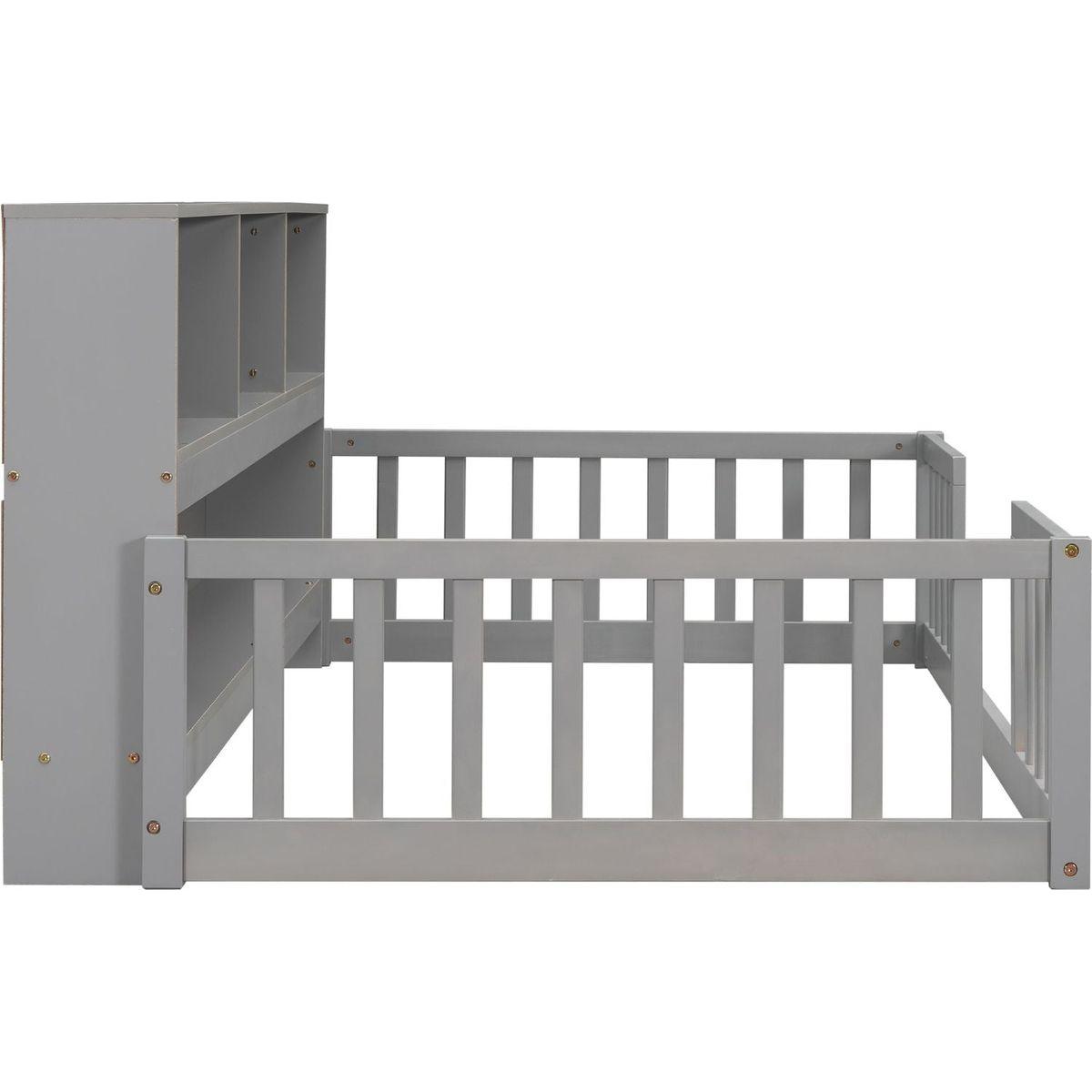 Twin Floor Bed with Bedside Bookcase,Shelves,Guardrails,Grey