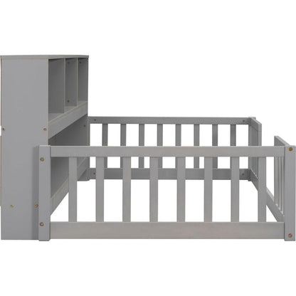Twin Floor Bed with Bedside Bookcase,Shelves,Guardrails,Grey