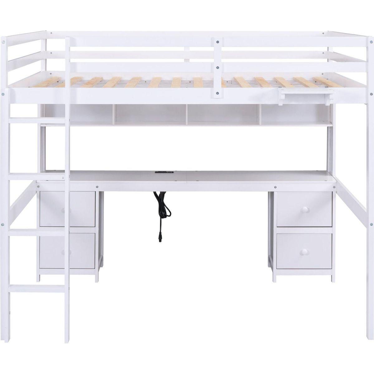 Full Size Loft Bed with Desk, Cabinets, Drawers and Bedside Tray, Charging Station, White