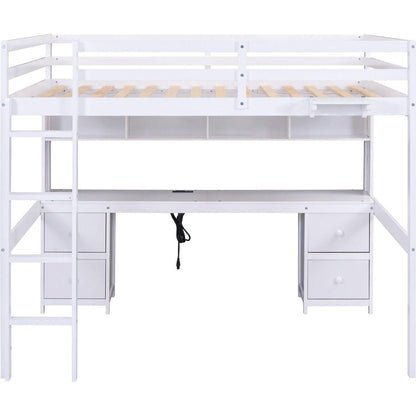 Full Size Loft Bed with Desk, Cabinets, Drawers and Bedside Tray, Charging Station, White