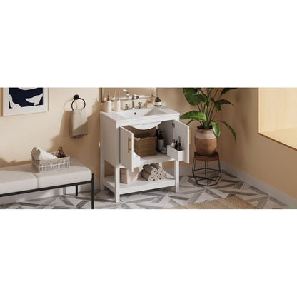 30-Inch White Bathroom Vanity with Ceramic Sink and Versatile Storage - Ideal for Small Bathrooms